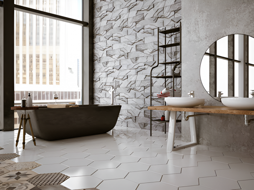 modern bathroom with honeycomb tile flooring