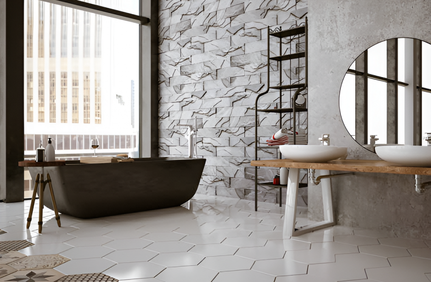 modern bathroom with honeycomb tile flooring