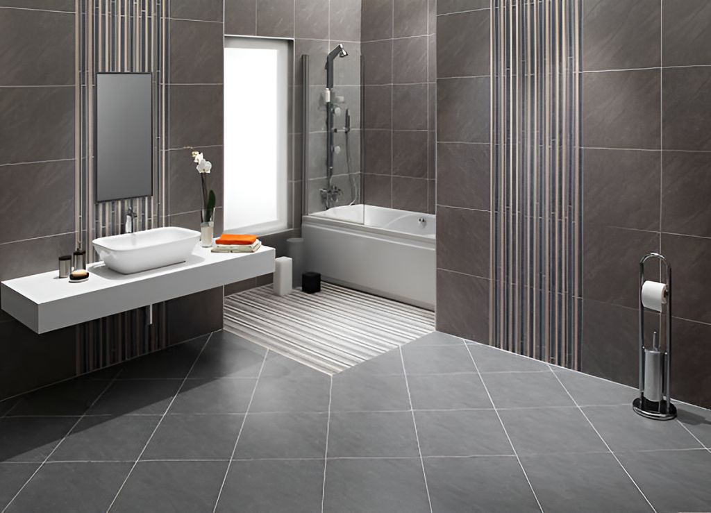 modern bathroom with diagonal tile flooring